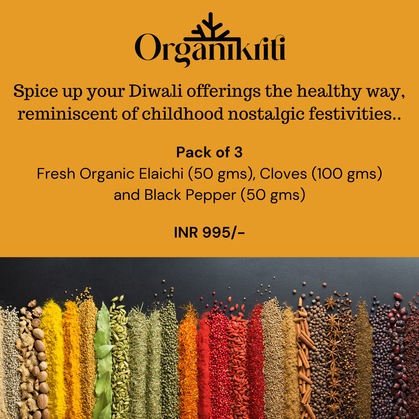 Organikriti Gift pack - Organic Elaichi (50 gms), Cloves (100 gms) and Black pepper (50 gms)